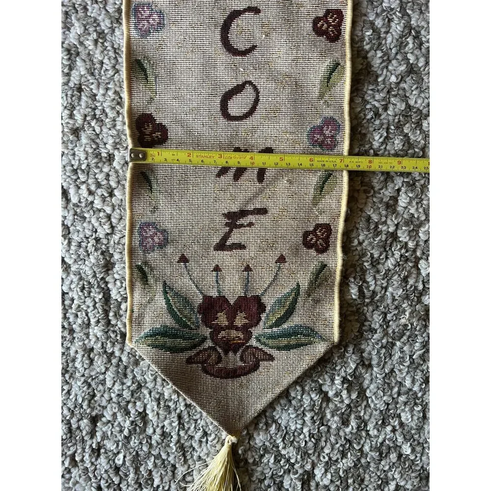 Vintage Brass Tapestry Hanger Woven Welcome Wool Floral Wall Hanging Pink Tassel